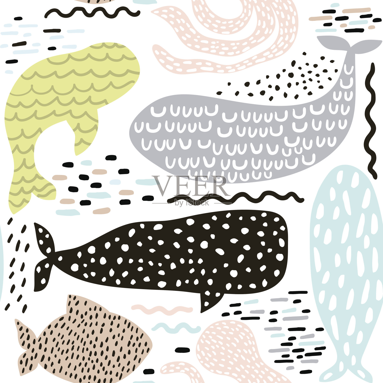 无缝图案与海洋动物毛皮海豹，鲸鱼，章鱼，鱼。用于织物、纺织品的幼稚纹理。向量的背景设计元素图片