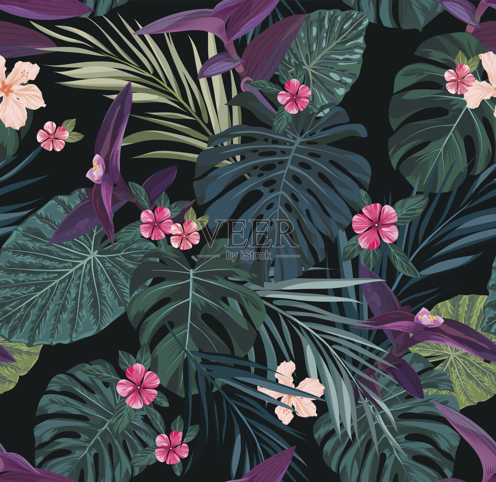 无缝植物外来载体图案与绿色棕榈叶和木槿花在黑暗的背景插画图片素材