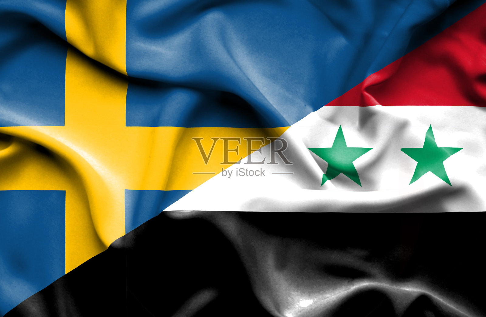 挥舞着叙利亚和瑞典的旗帜照片摄影图片
