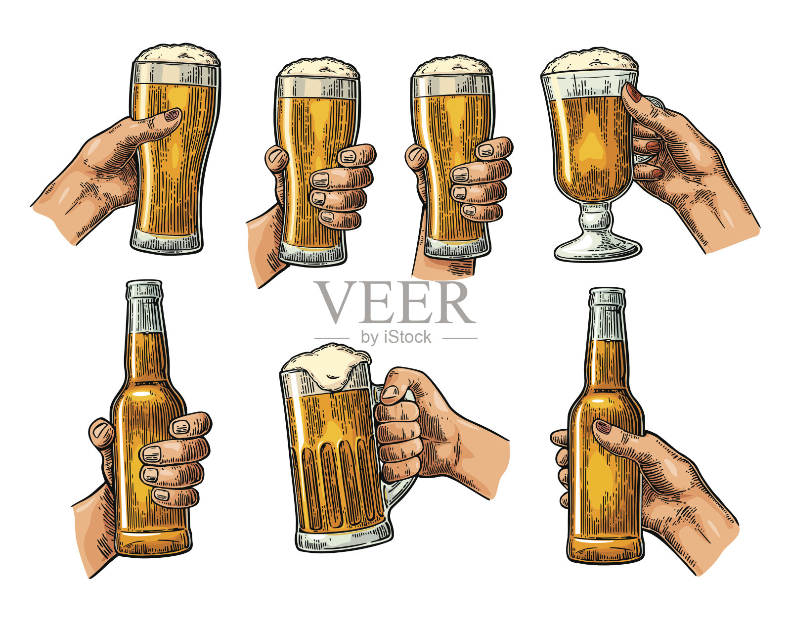 男人和女人手牵着手，碰着啤酒杯、酒瓶插画图片素材