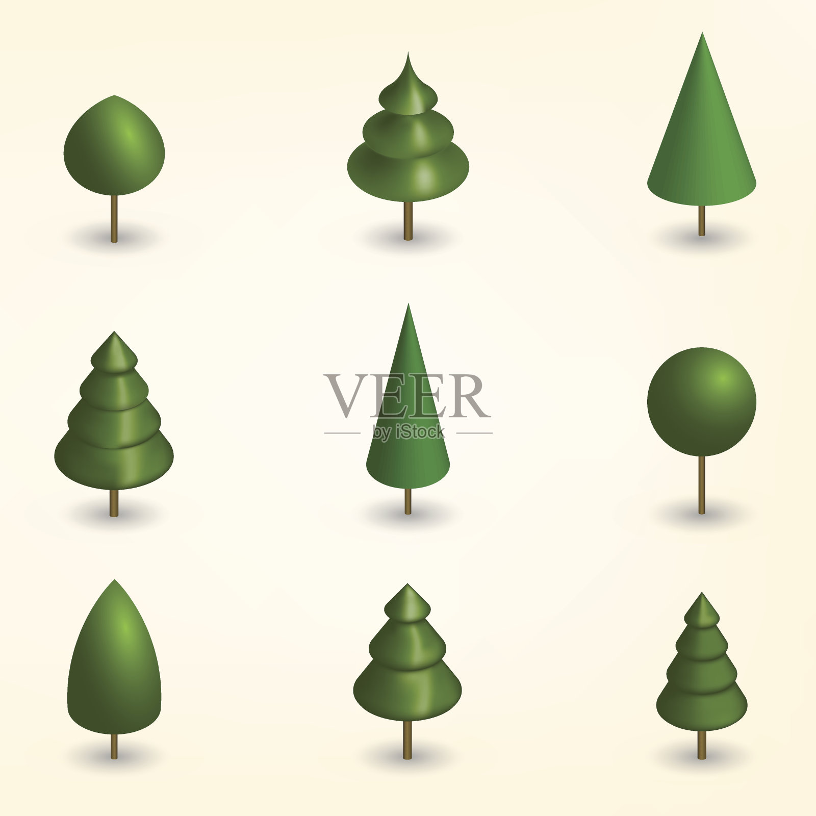绿树在3D，矢量插图。设计元素图片