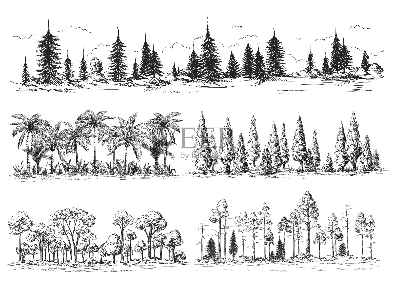 一组不同的景观与树木插画图片素材