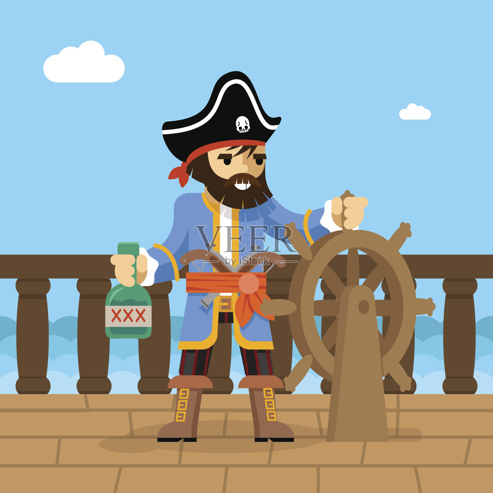 海盗。Filibuster船长掌舵插画图片素材