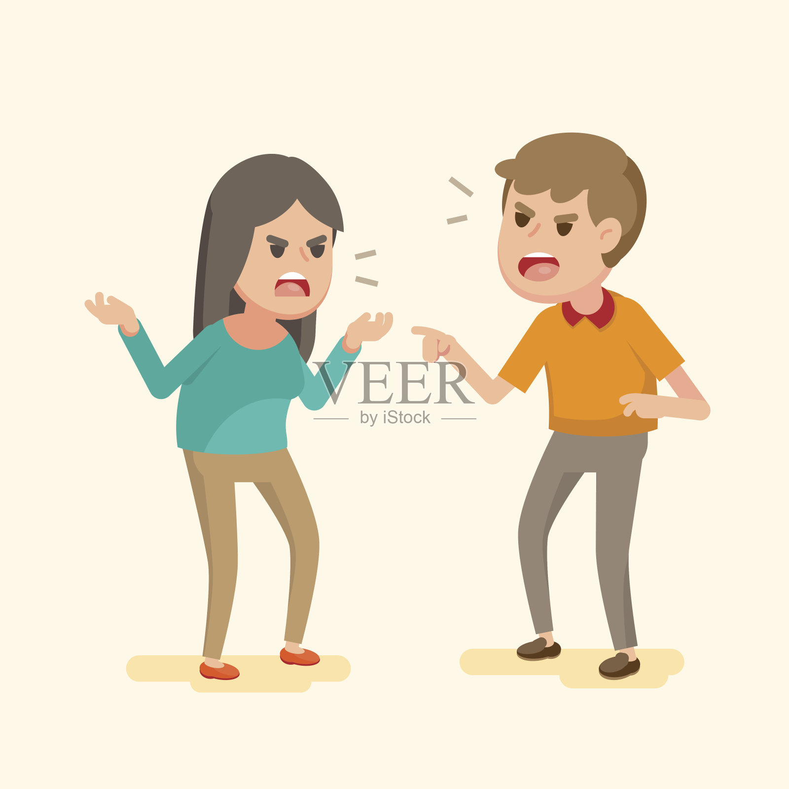 愤怒的年轻夫妇打架和大喊大叫，人们争吵和大喊大叫，矢量卡通插图。插画图片素材
