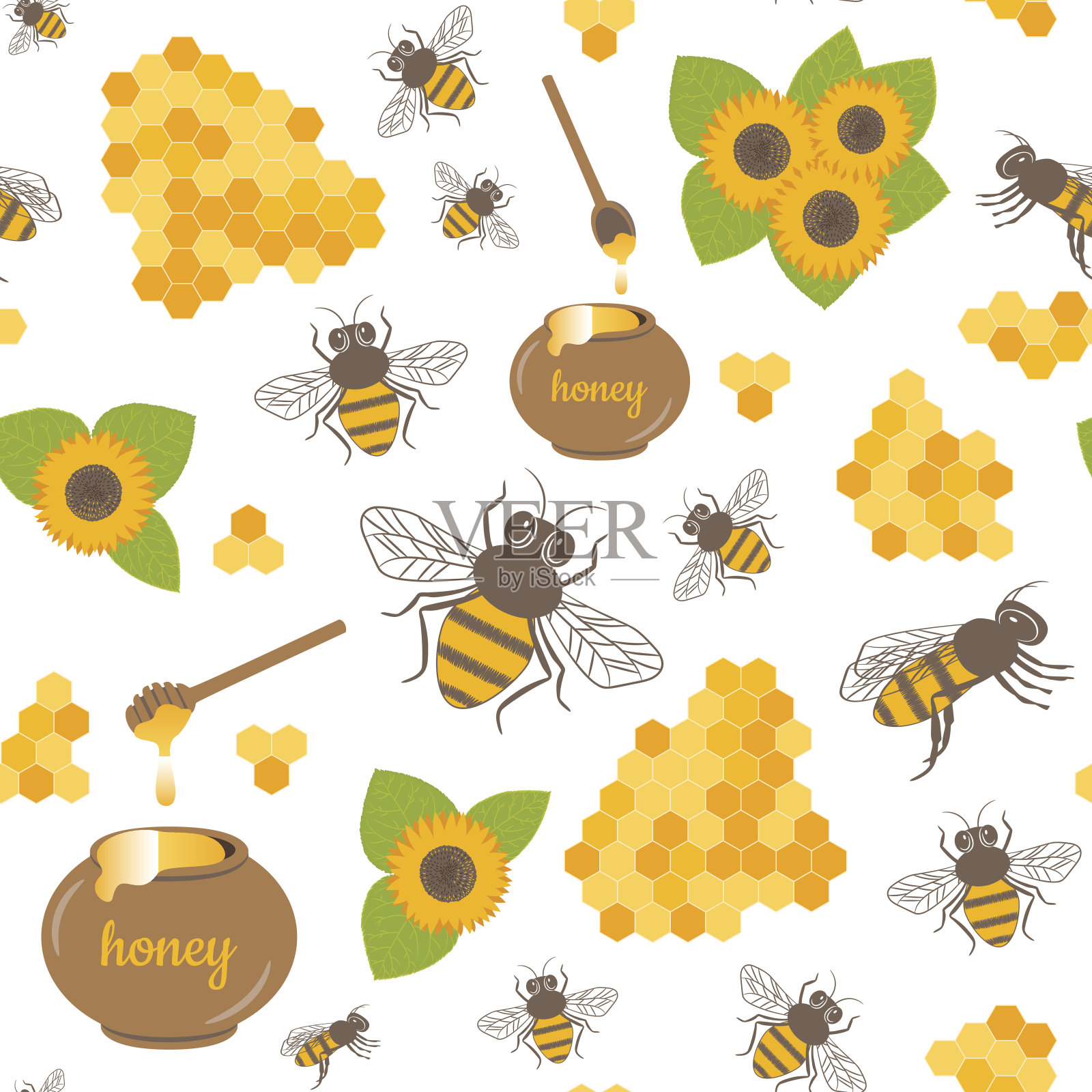矢量无缝模式与向日葵，蜜蜂，蜂蜜。甜蜂蜜背景养蜂产品。插画图片素材