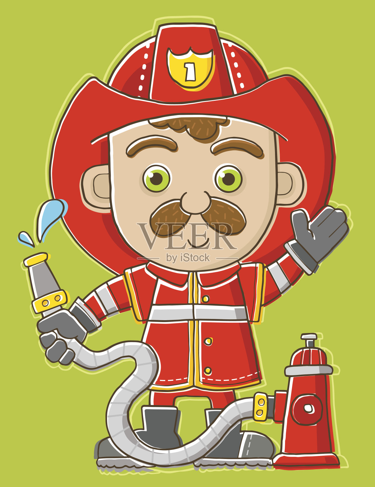 可爱的消防队员站在消防栓旁边插画图片素材
