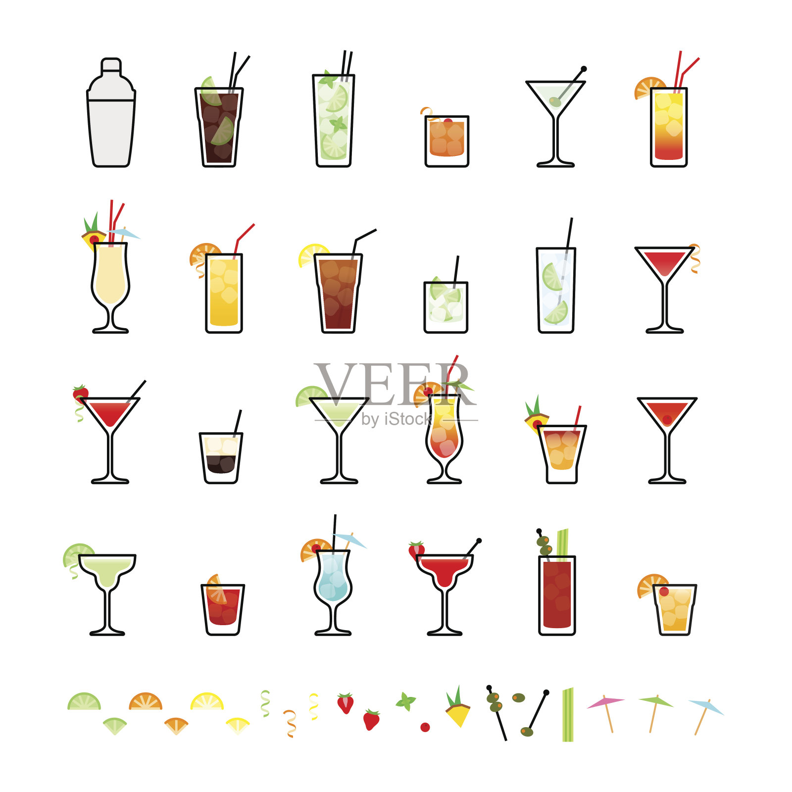 流行的酒精鸡尾酒和鸡尾酒装饰插画图片素材