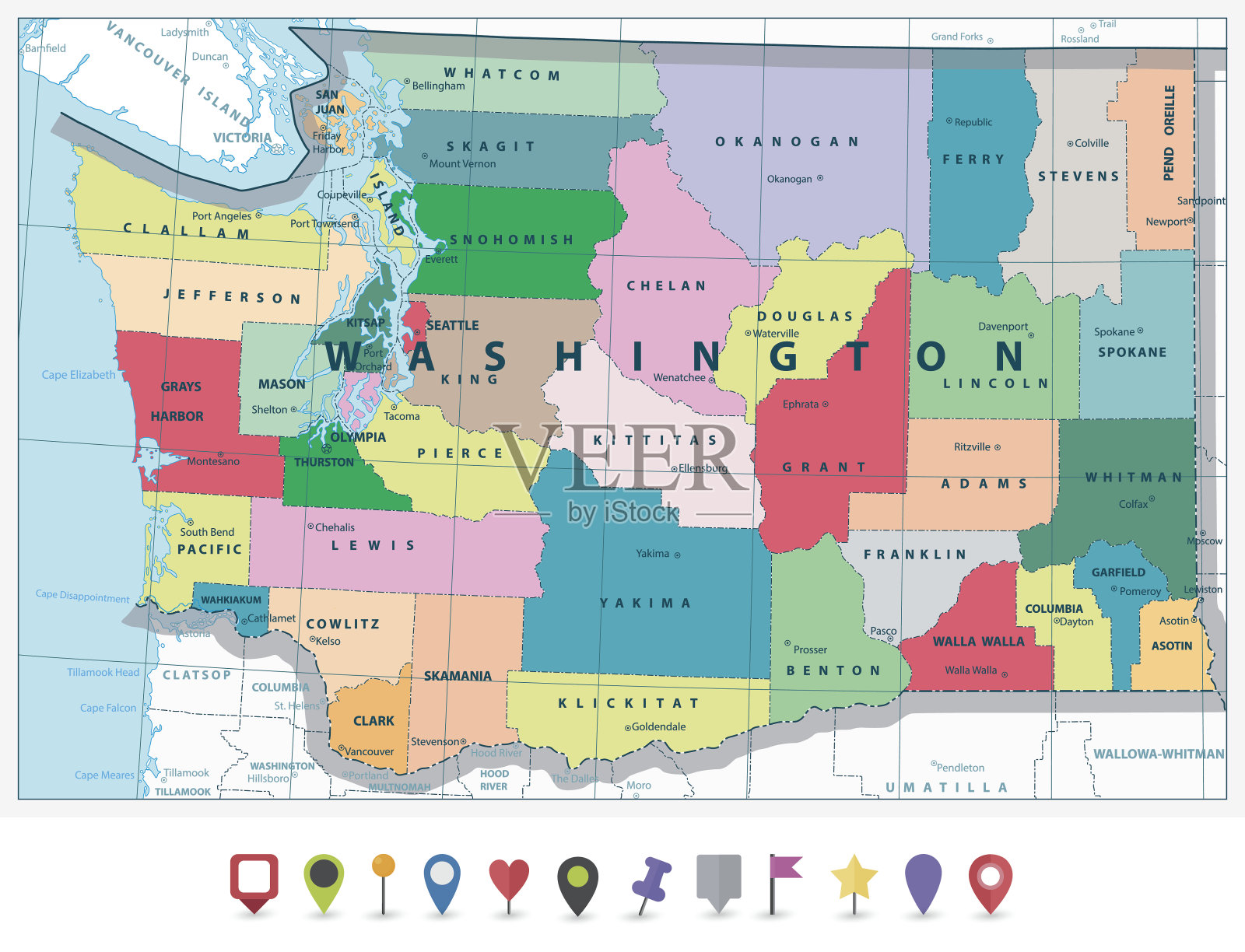 华盛顿州政治地图和平面图标设置插画图片素材