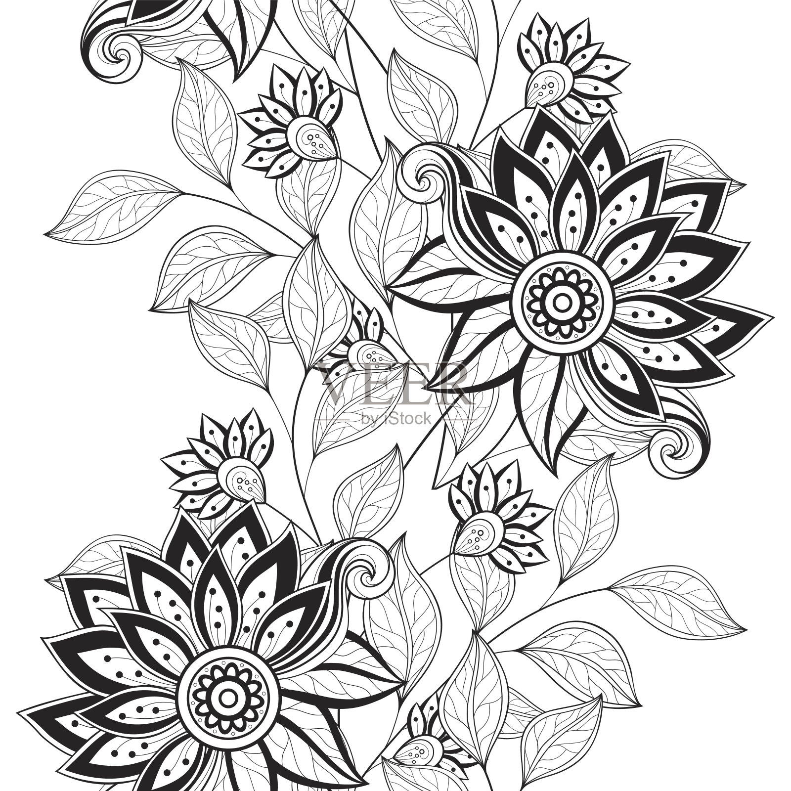 矢量无缝单色花卉图案插画图片素材