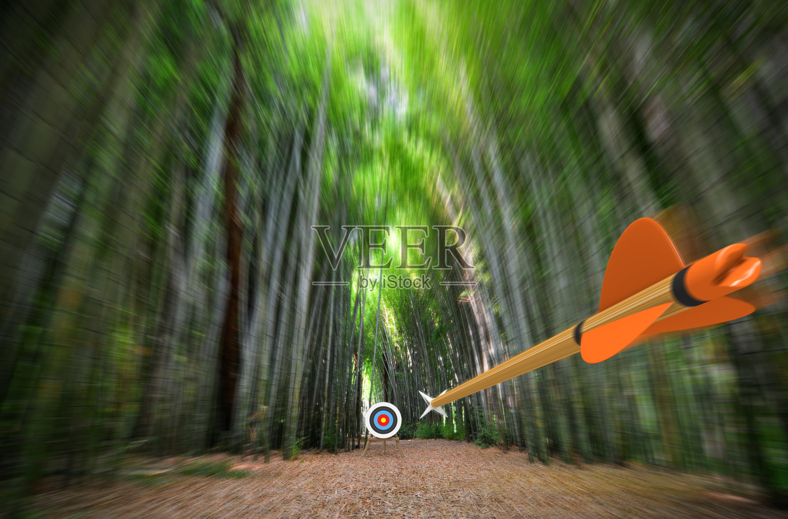 高速箭在模糊的竹林中飞行，对焦目标，部分照片，部分3D渲染照片摄影图片