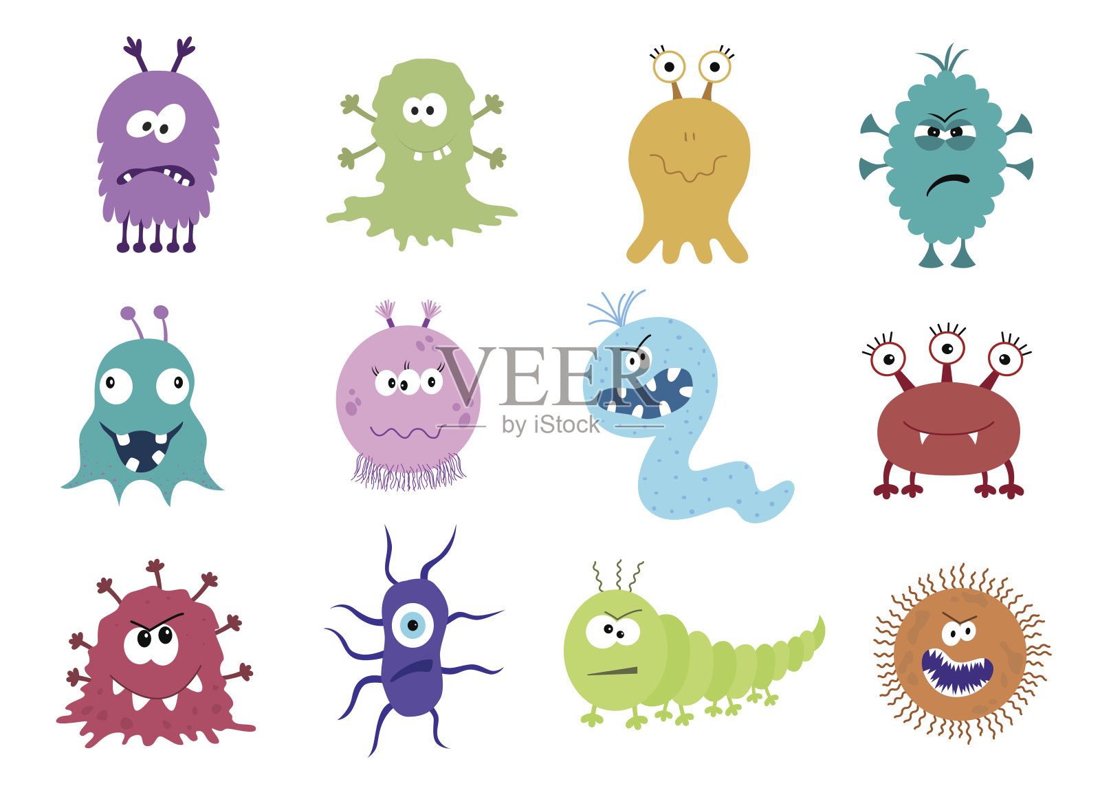 有趣和可怕的细菌卡通人物孤立在白色的背景。设计元素图片