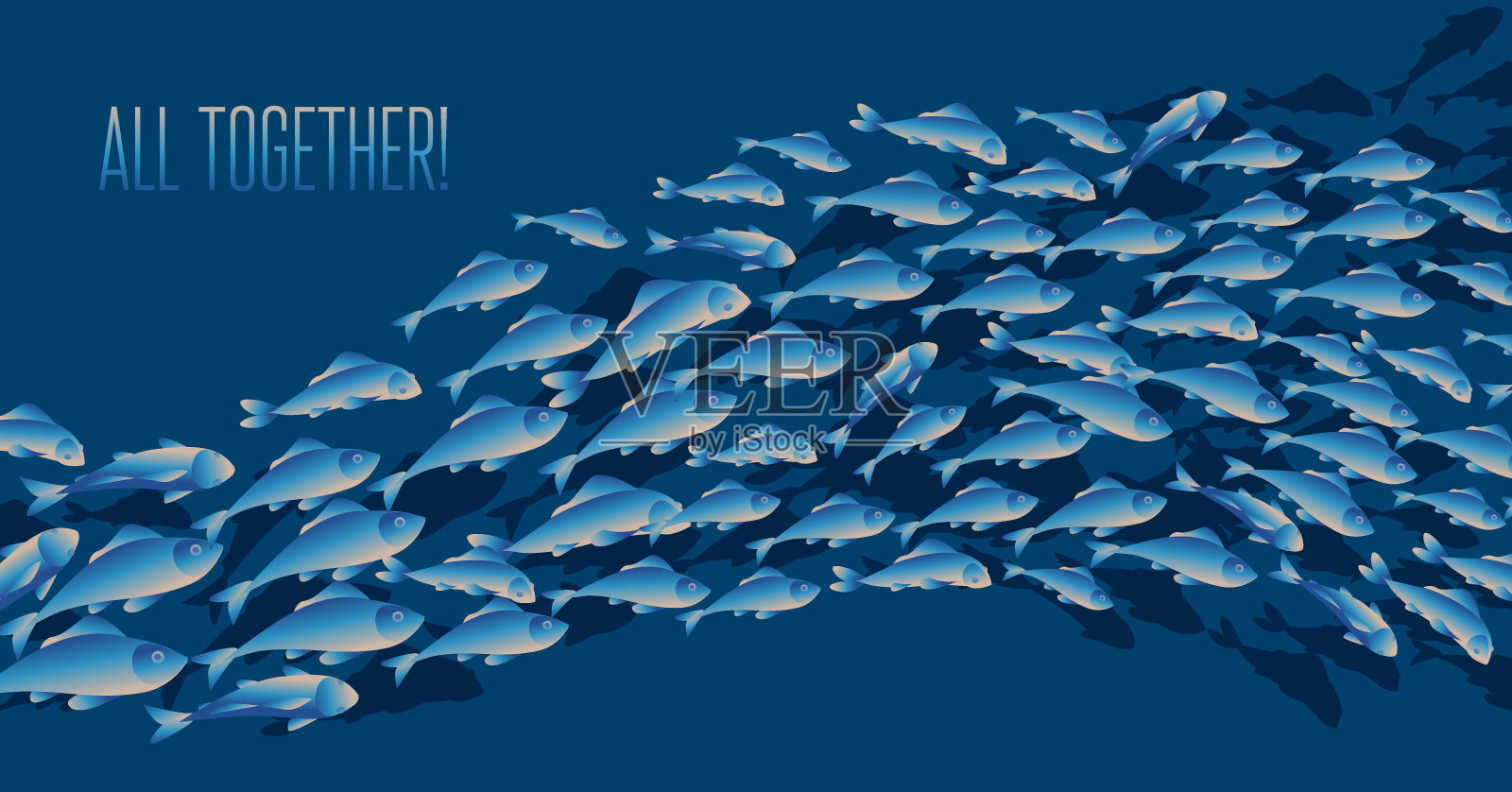 学校的鱼矢量插图为标题，网页，打印，卡片和邀请。大量的鲱鱼或鳕鱼在海里游动。插画图片素材