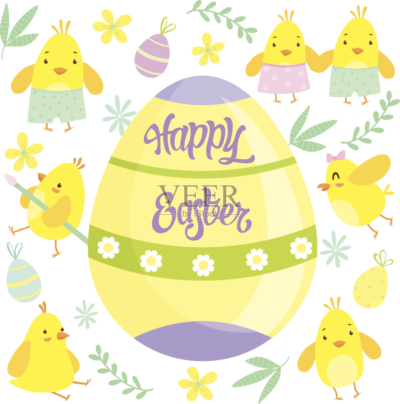 复活节的背景有小鸡和大鸡蛋。插画图片素材