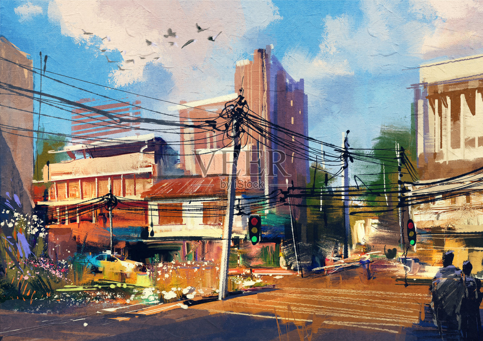 街道场景与城市交通在一个美丽的阳光明媚的日子插画图片素材