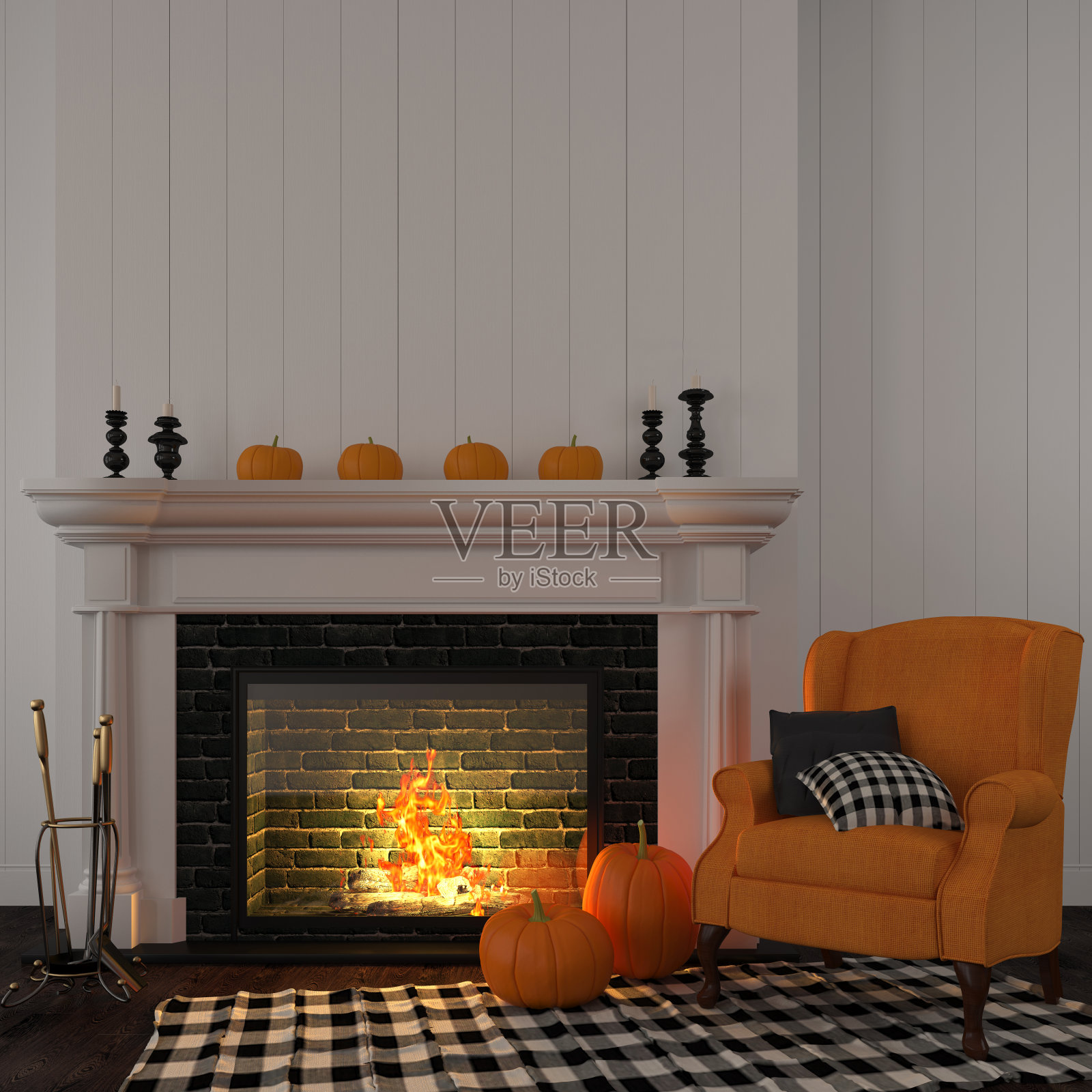 壁炉旁边的老式橙色扶手椅照片摄影图片