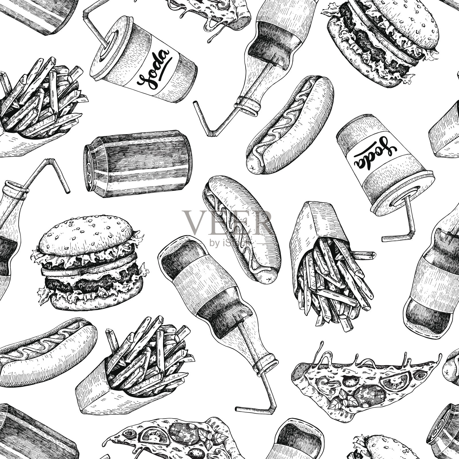 手绘快餐图案。垃圾食品和苏打饮料插画图片素材