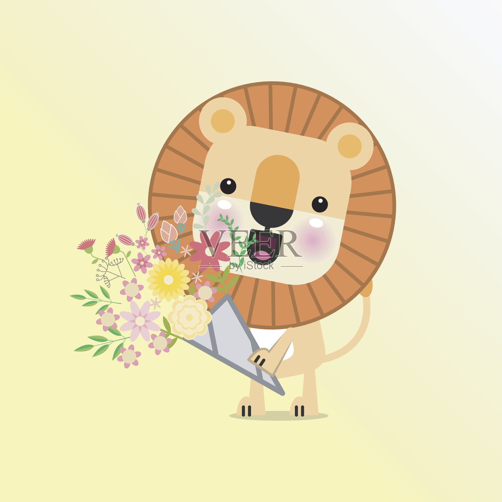 可爱的小狮子带着笑脸赠送花束插画图片素材