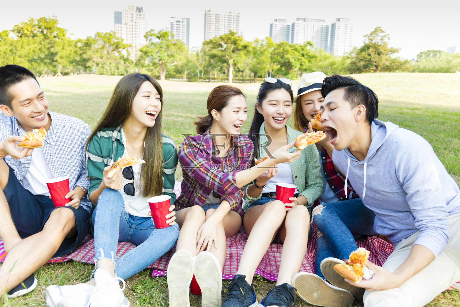 快乐的年轻朋友们享受健康野餐照片摄影图片