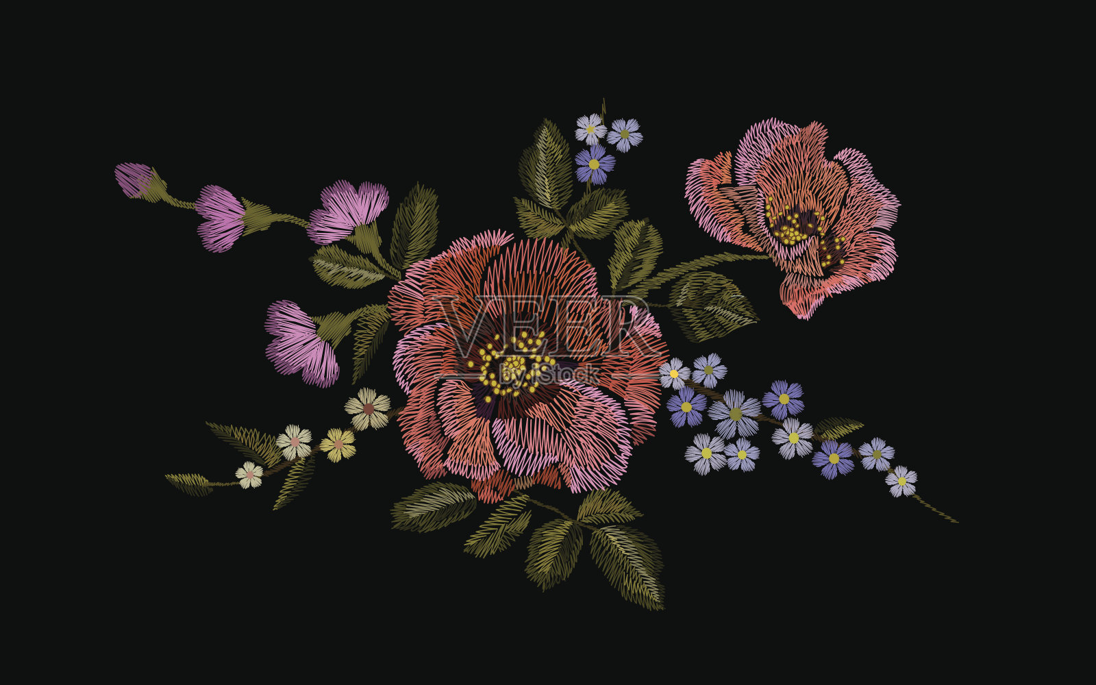 刺绣鲜艳的花补丁罂粟和雏菊佩斯利花插画图片素材