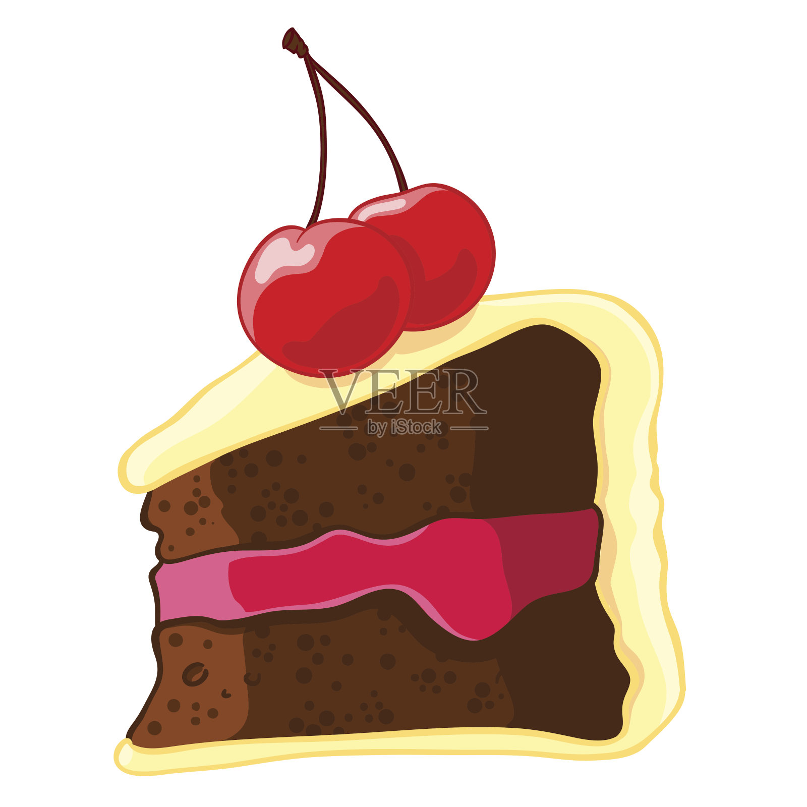 卡通图标的一块巧克力蛋糕与柠檬糖霜和樱桃。插画图片素材