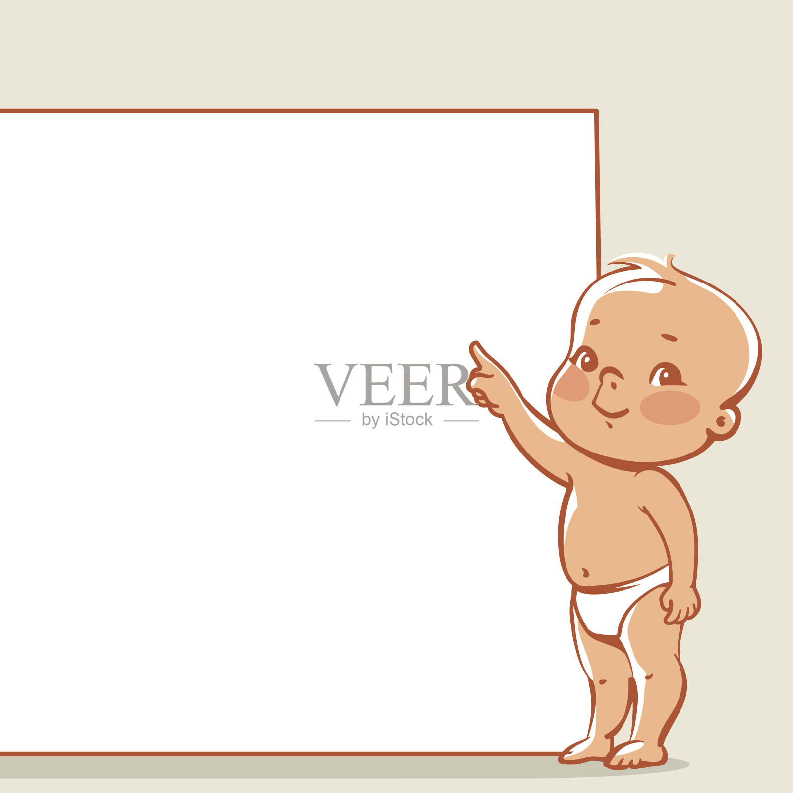 穿着尿布的婴儿指着空白横幅。插画图片素材