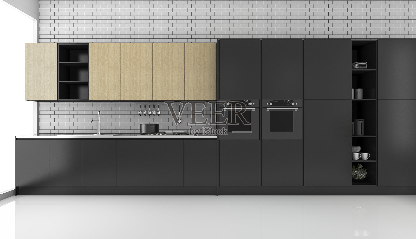 3d渲染黑色现代阁楼厨房与砖墙照片摄影图片