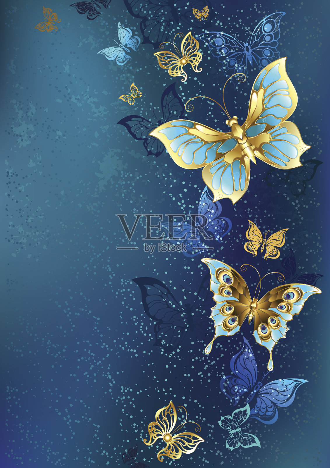 蓝色背景上的金色蝴蝶插画图片素材