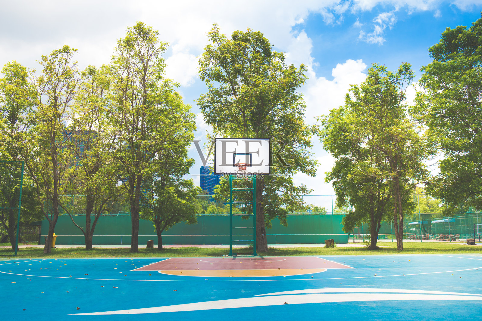 花园里的篮球场和蓝天照片摄影图片
