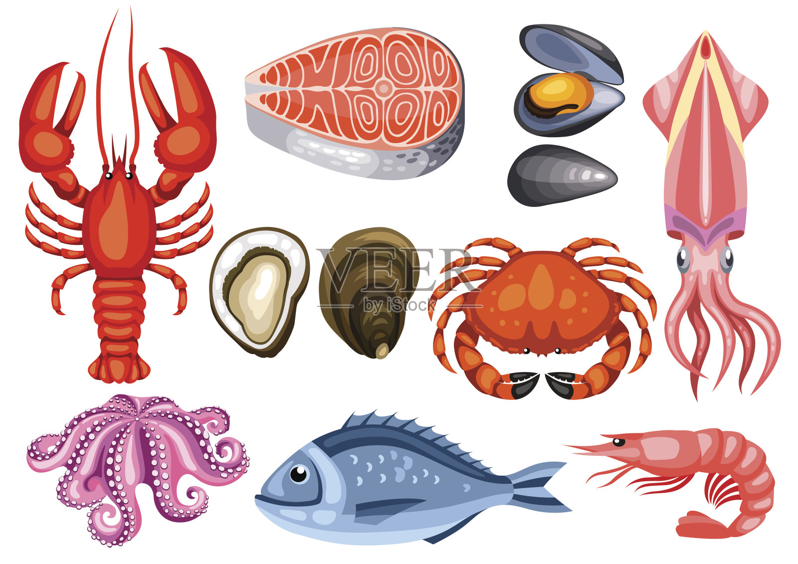 各种各样的海鲜。鱼，贝类和甲壳类的插图设计元素图片