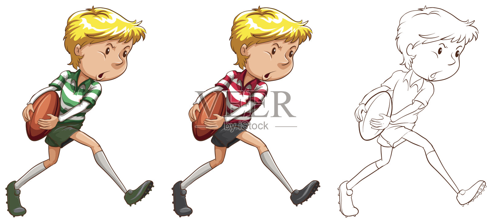 橄榄球运动员在三种不同的绘画风格插画图片素材