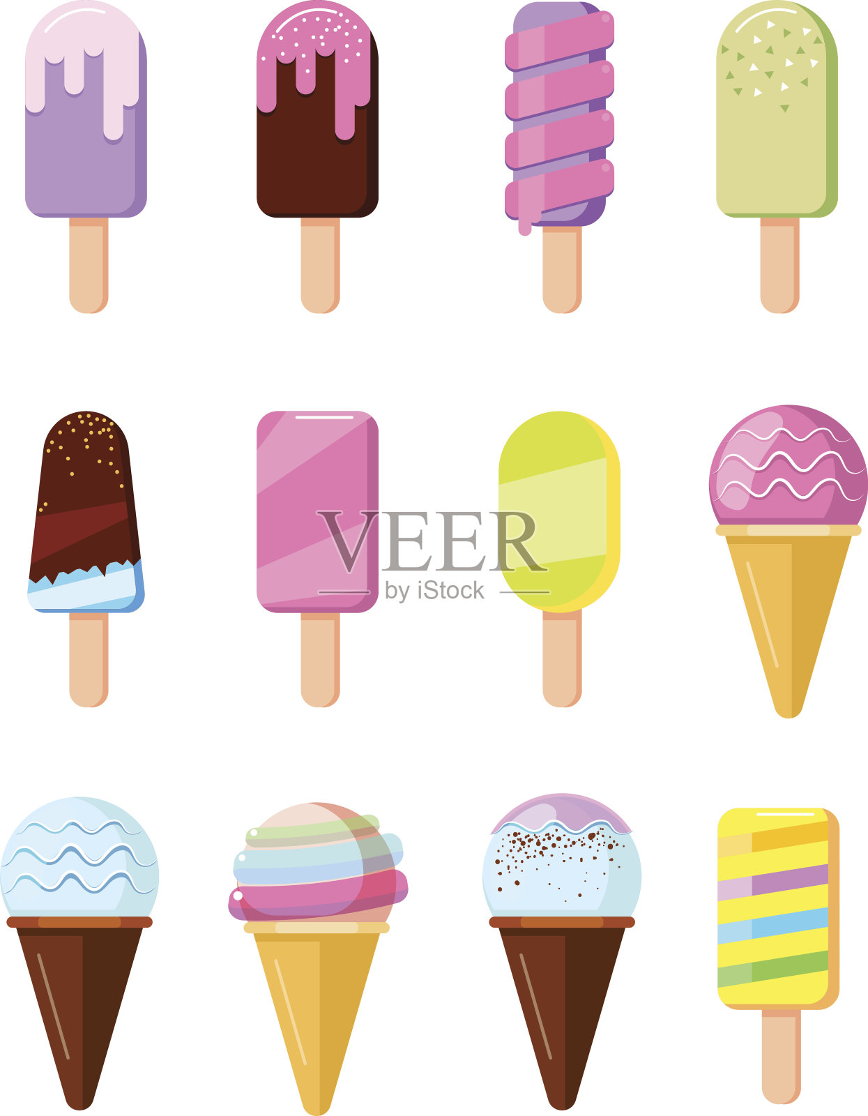 卡通冰淇淋在威化筒设置矢量插图插画图片素材