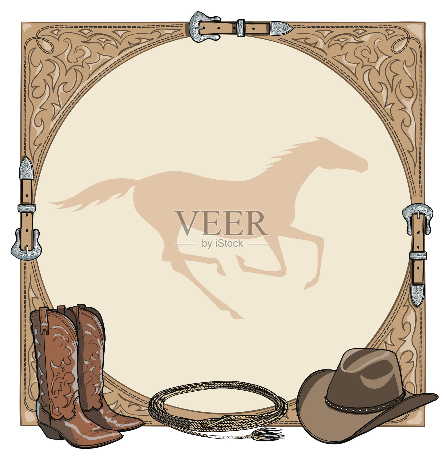 牛仔马在西部皮带架上骑马用马具。西部靴，帽子，套索和疾驰的马。插画图片素材