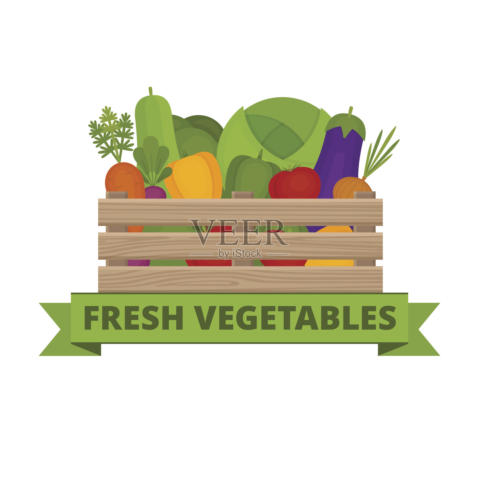 一盒新鲜蔬菜。菜园。有机健康食品。横幅与蔬菜。平面风格，矢量插图。插画图片素材