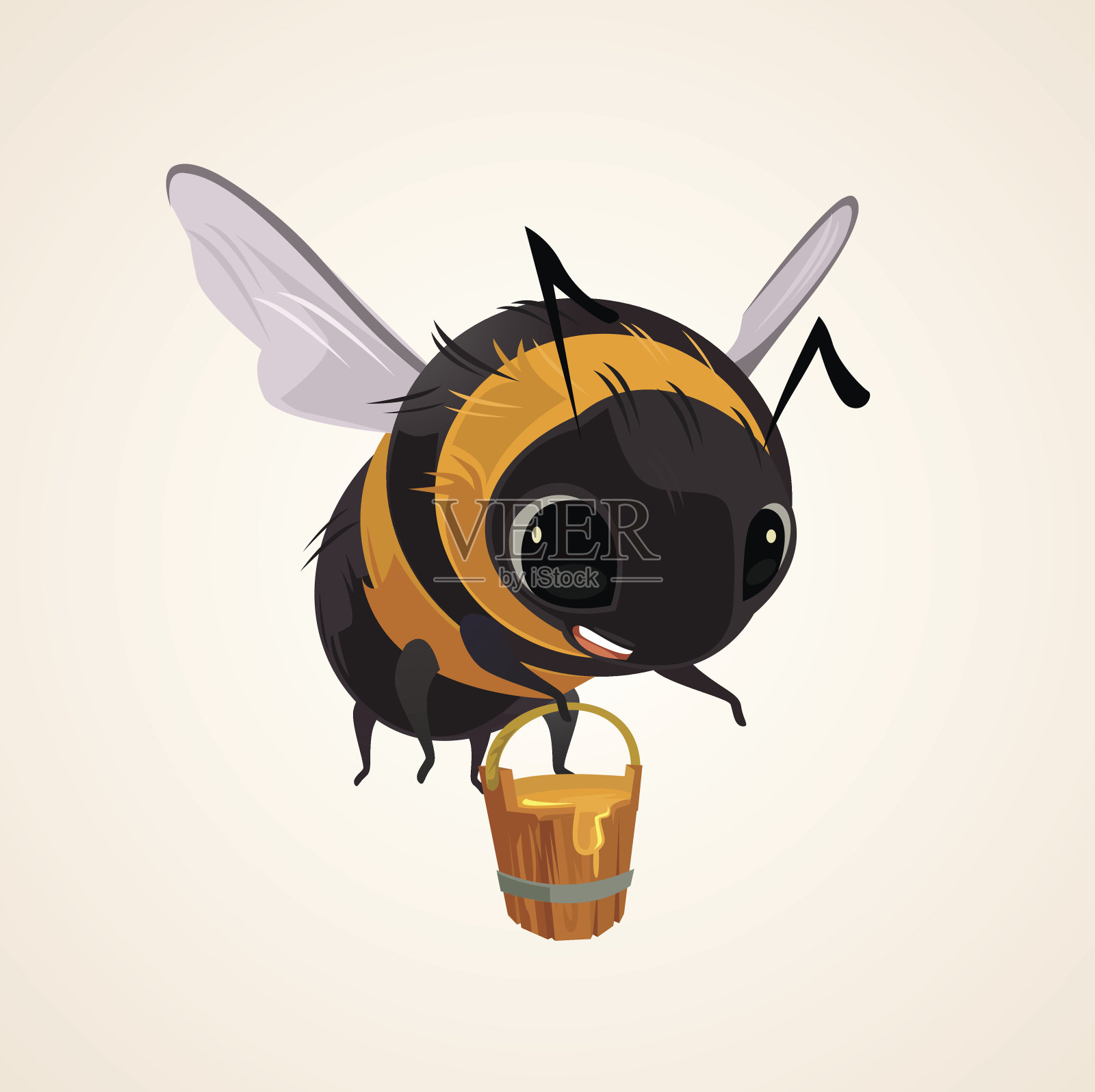 快乐微笑的飞蜜蜂人物吉祥物抱着装满蜂蜜的木桶设计元素图片