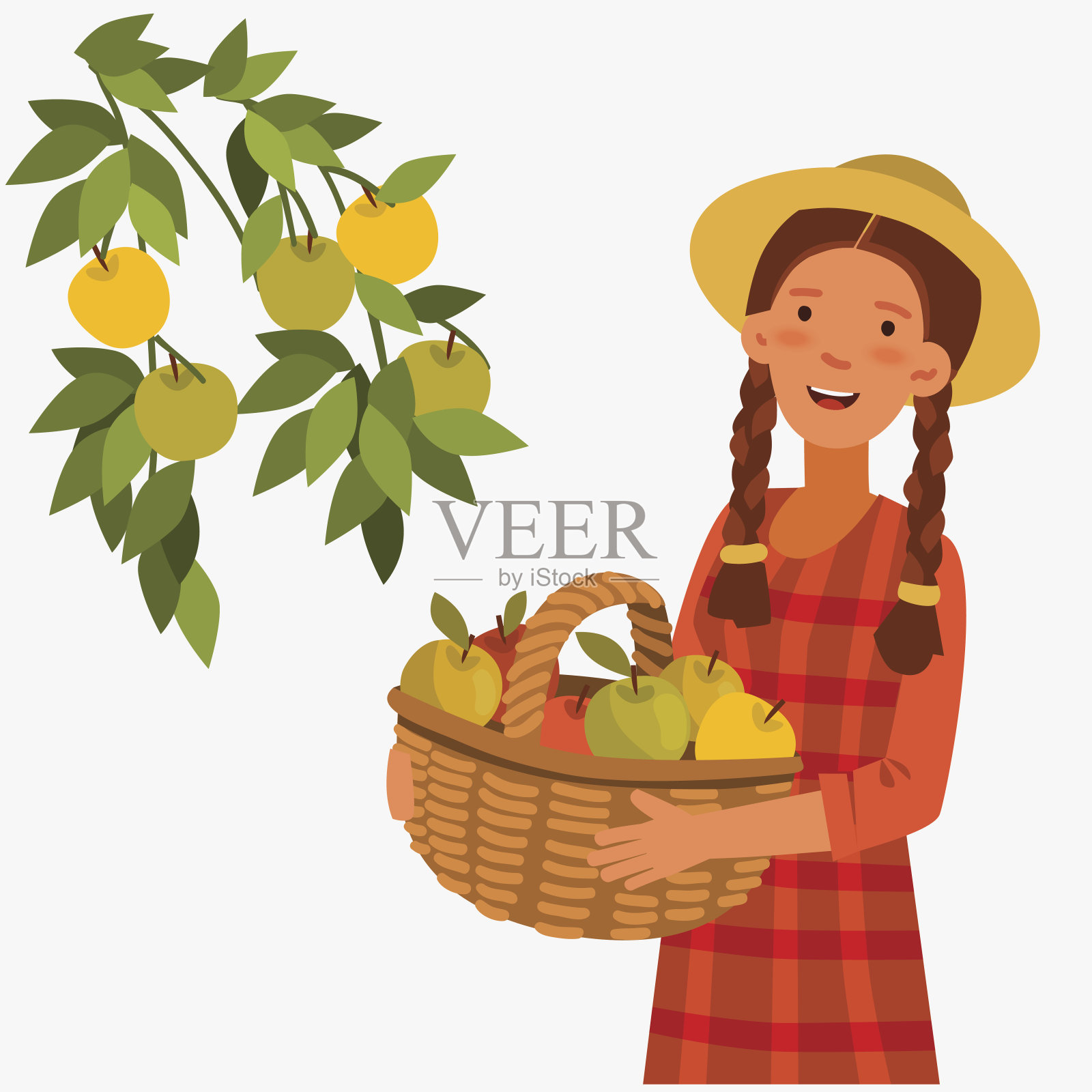 一个年轻女子在花园里，提着一篮子苹果插画图片素材