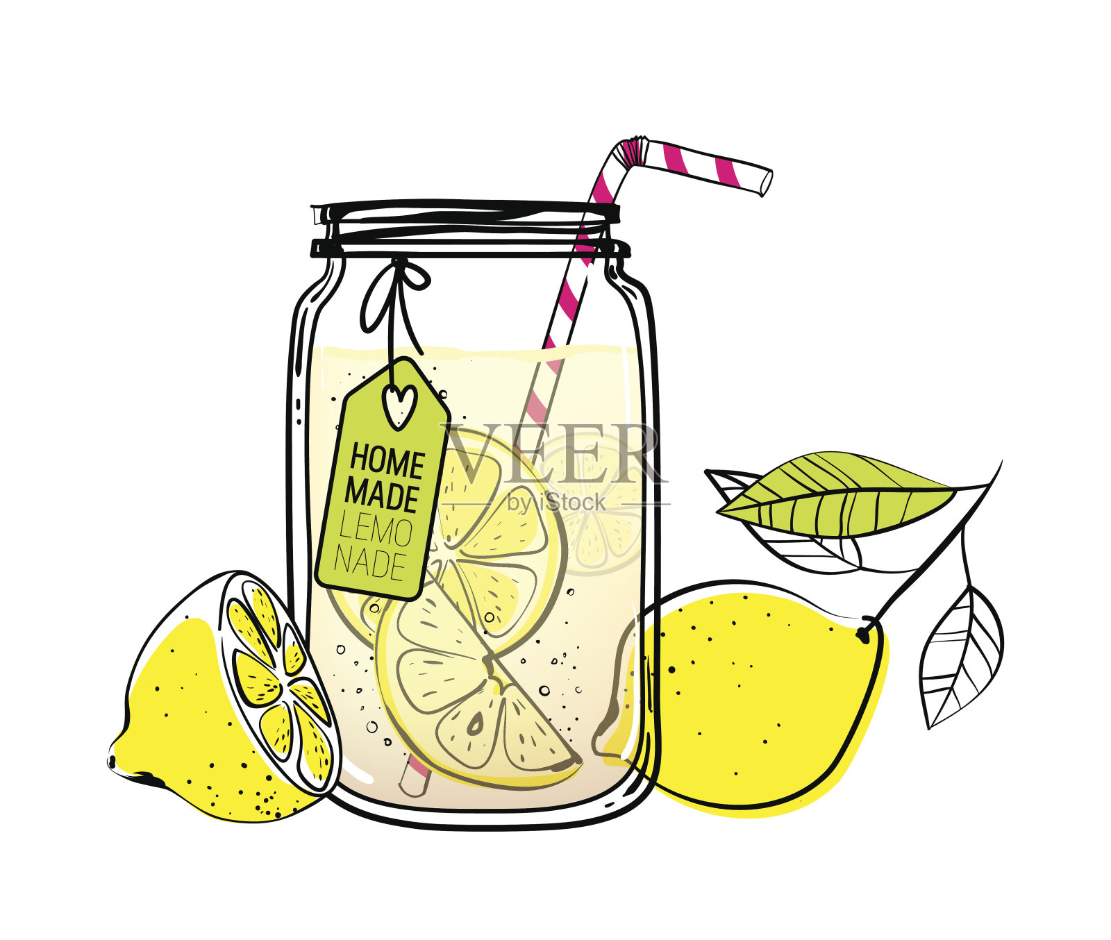 手绘玻璃罐与柠檬水插画图片素材
