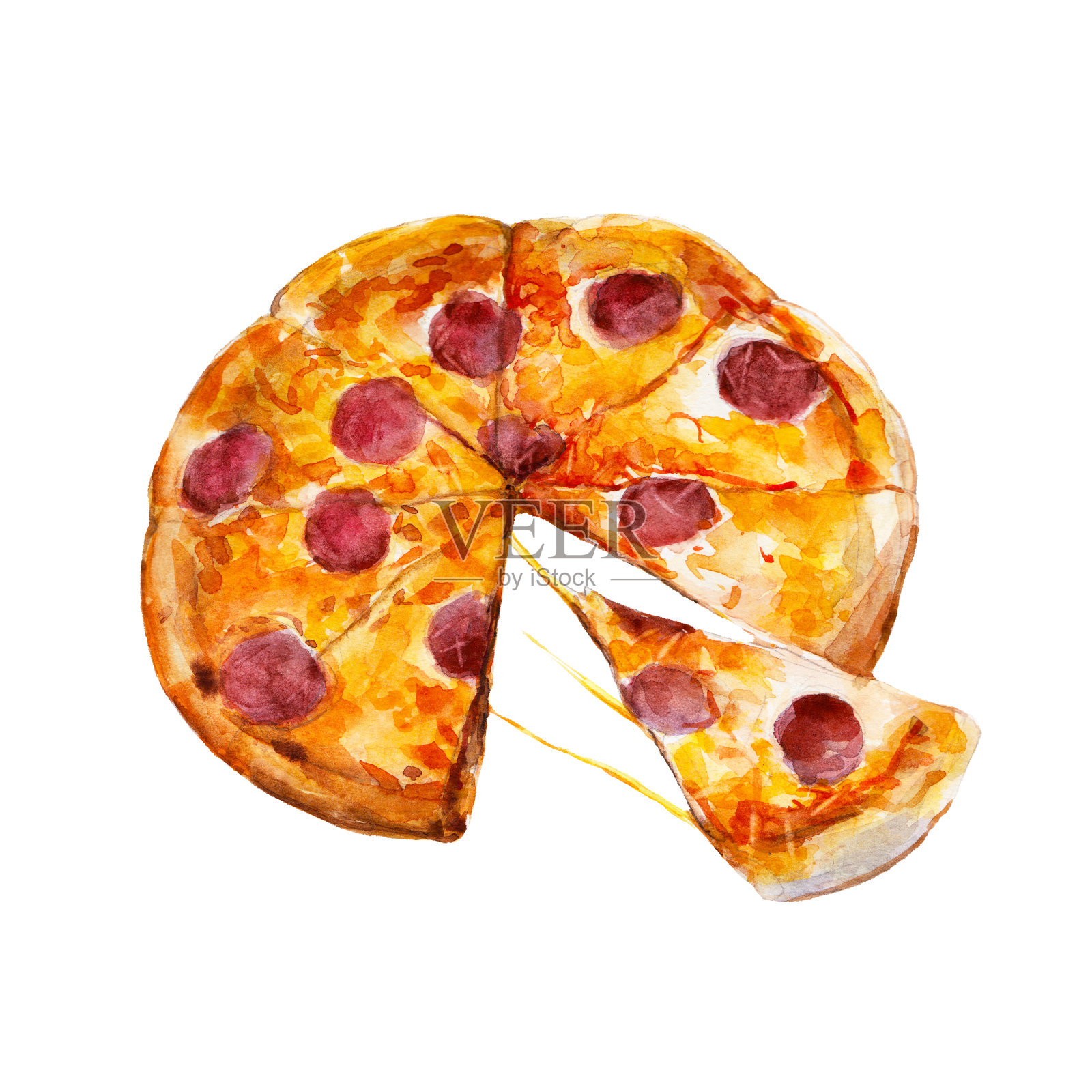 披萨与意大利辣香肠，水彩插图孤立的白色背景。设计元素图片