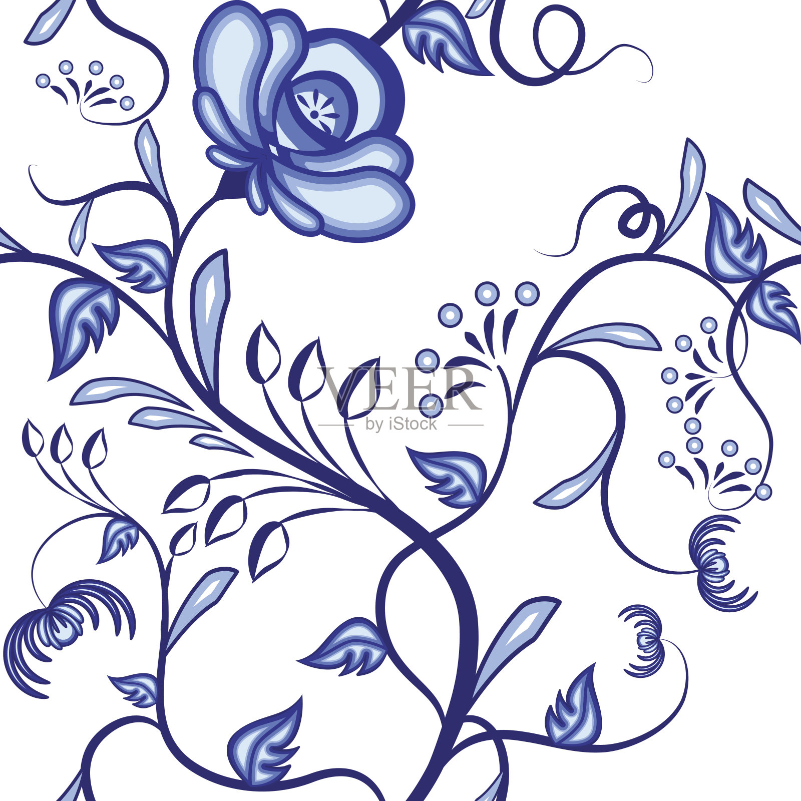 无缝的花卉图案。背景蓝色抽象缠绕植物在民族风格的绘画上的瓷器。插画图片素材