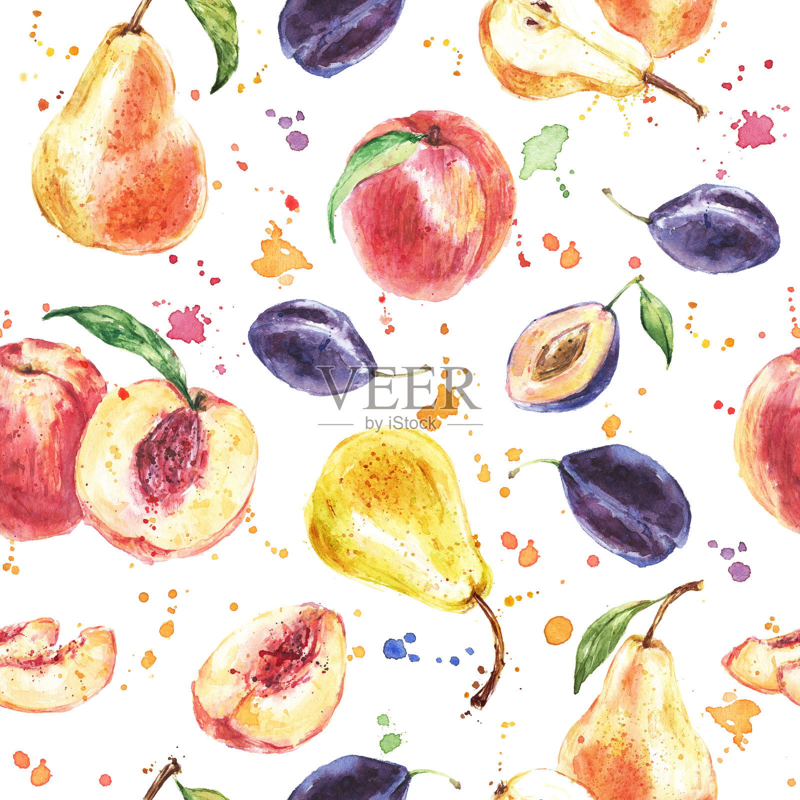 无缝水果图案用梨、桃、梅、水彩画插画图片素材