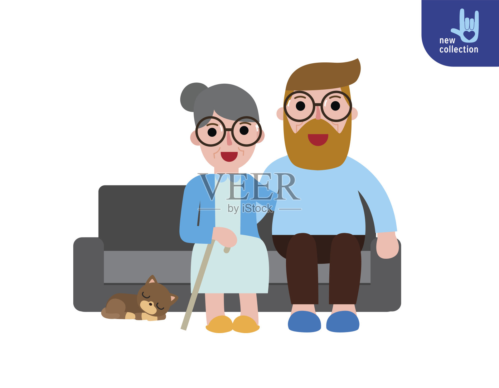 健康的老人和女人坐在沙发上。老年人夫妻观念。矢量平面图标卡通设计插图。孤立在白色插画图片素材