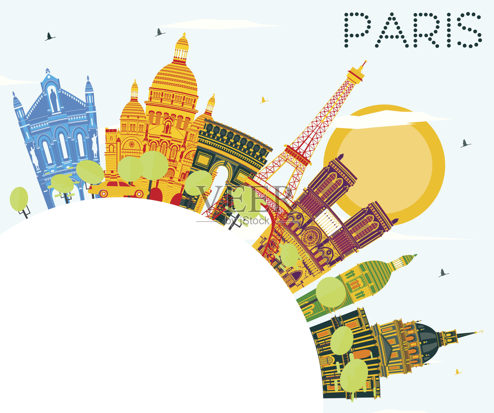 彩色建筑、蓝天和复制空间的巴黎天际线。插画图片素材