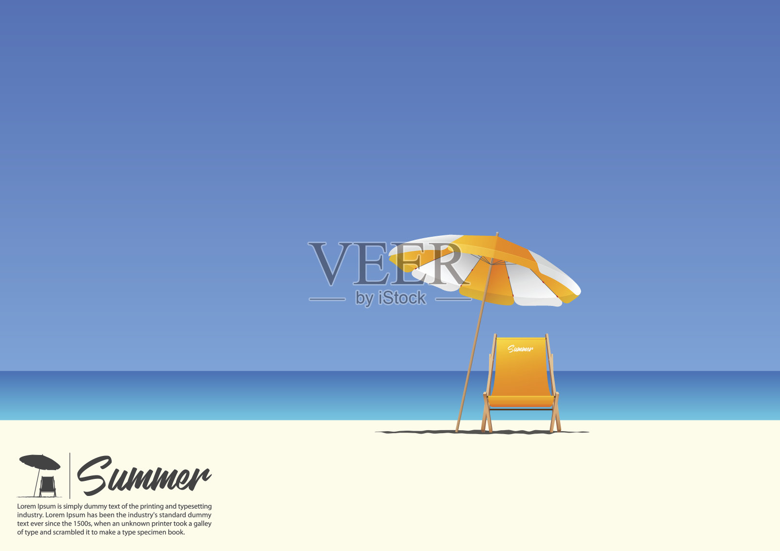 夏季海滩景观与橙色海滩椅和橙色海滩伞在蓝色梯度天空背景与复制空间为您的文本。插画图片素材