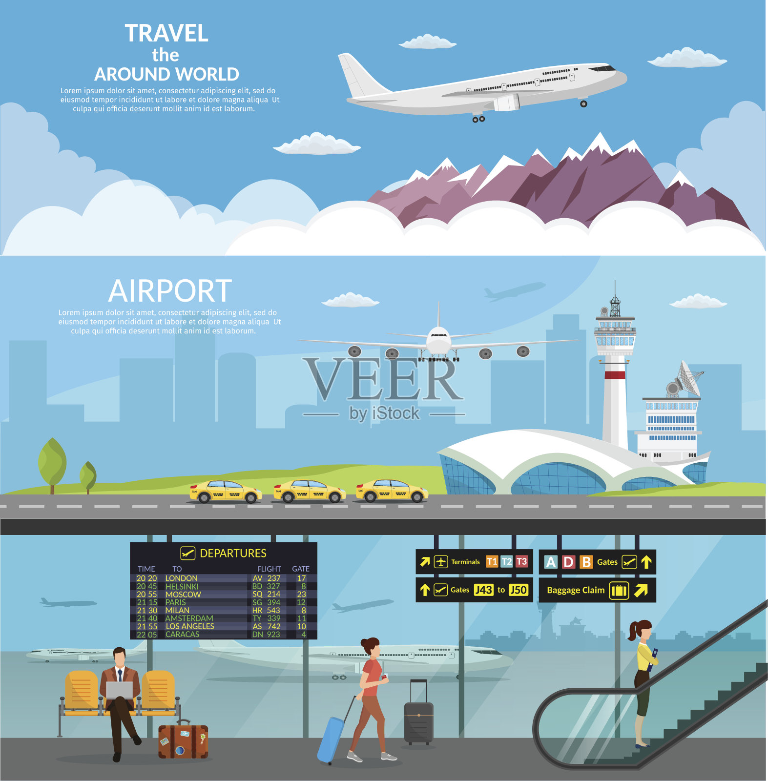 机场客运站及候机室。国际抵港离港背景矢量图飞机信息图插画图片素材