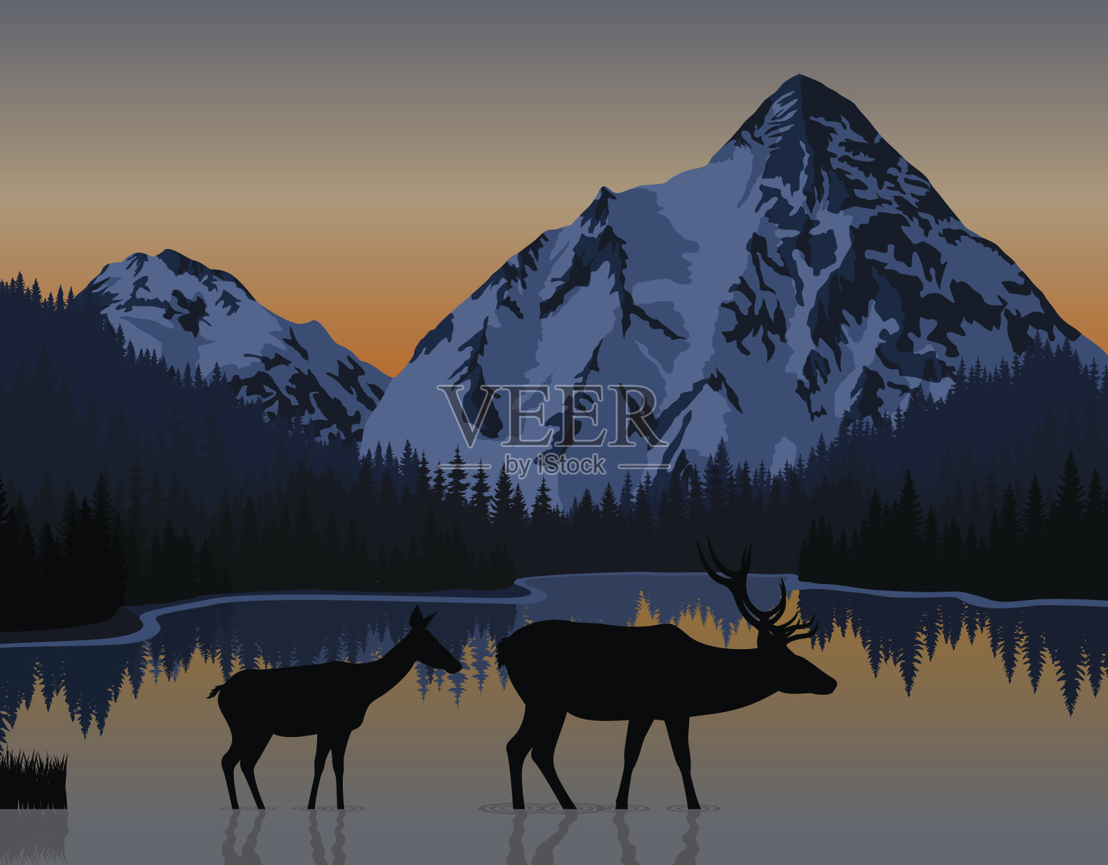 矢量蓝色的早晨在山湖与一对鹿插画图片素材