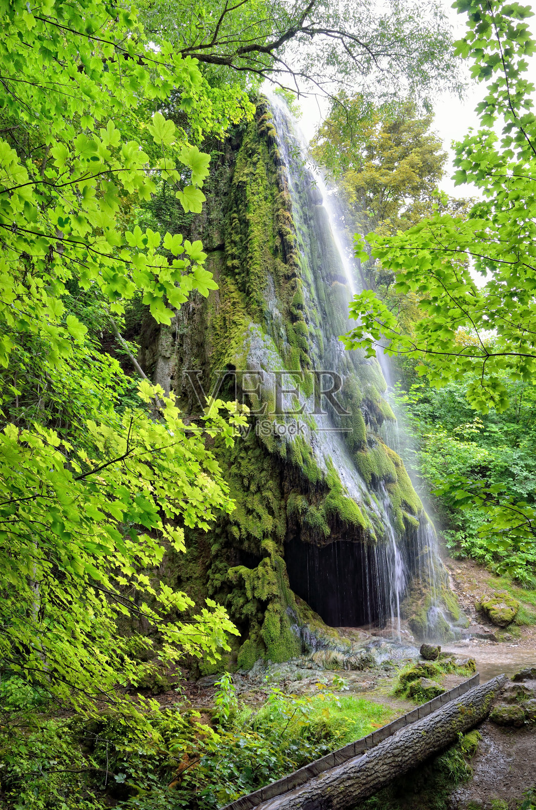 在绿色花园中有一个山洞的瀑布照片摄影图片
