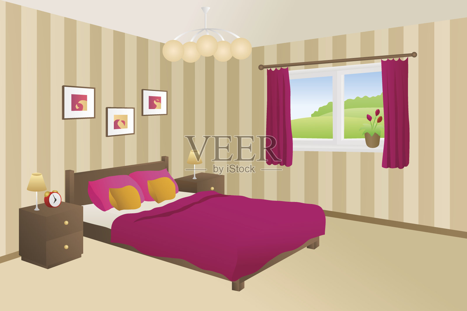 现代卧室米黄色粉红色床黄色枕头灯窗户插图插画图片素材