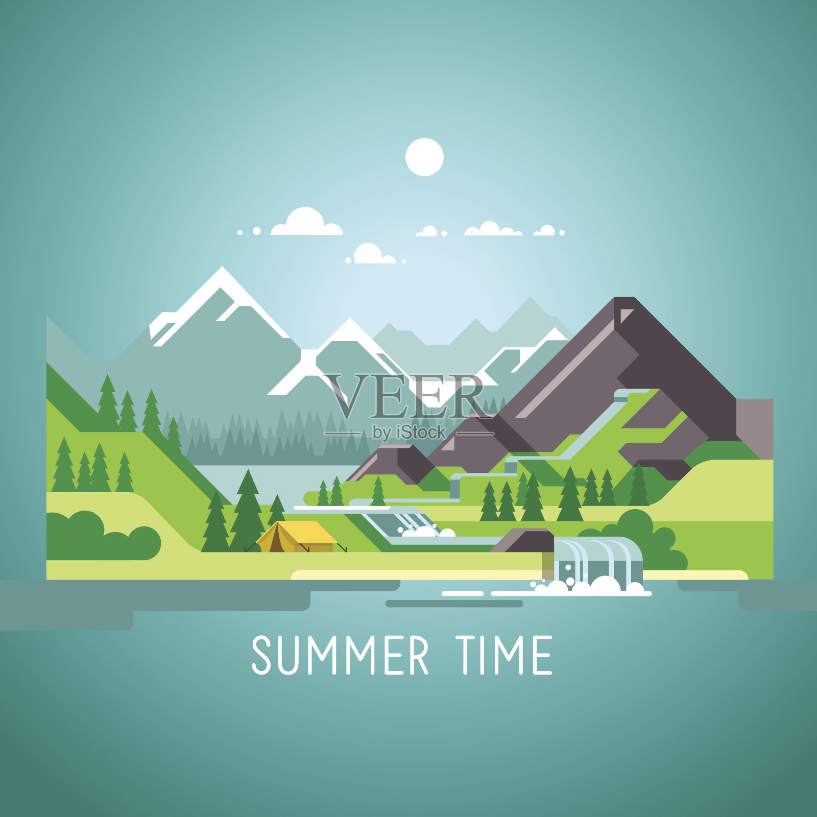 平面设计自然景观插图，以太阳、山、云。在山里露营。插画图片素材