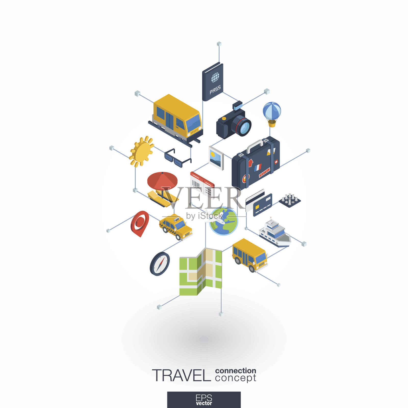 旅游集成3d网页图标。数字网络等距概念。插画图片素材