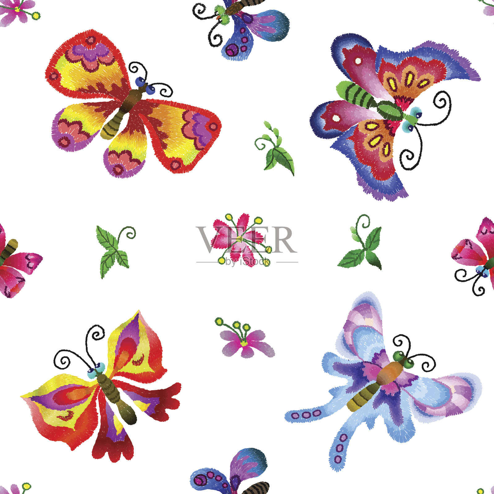 绣花蝴蝶-无缝图案。插画图片素材