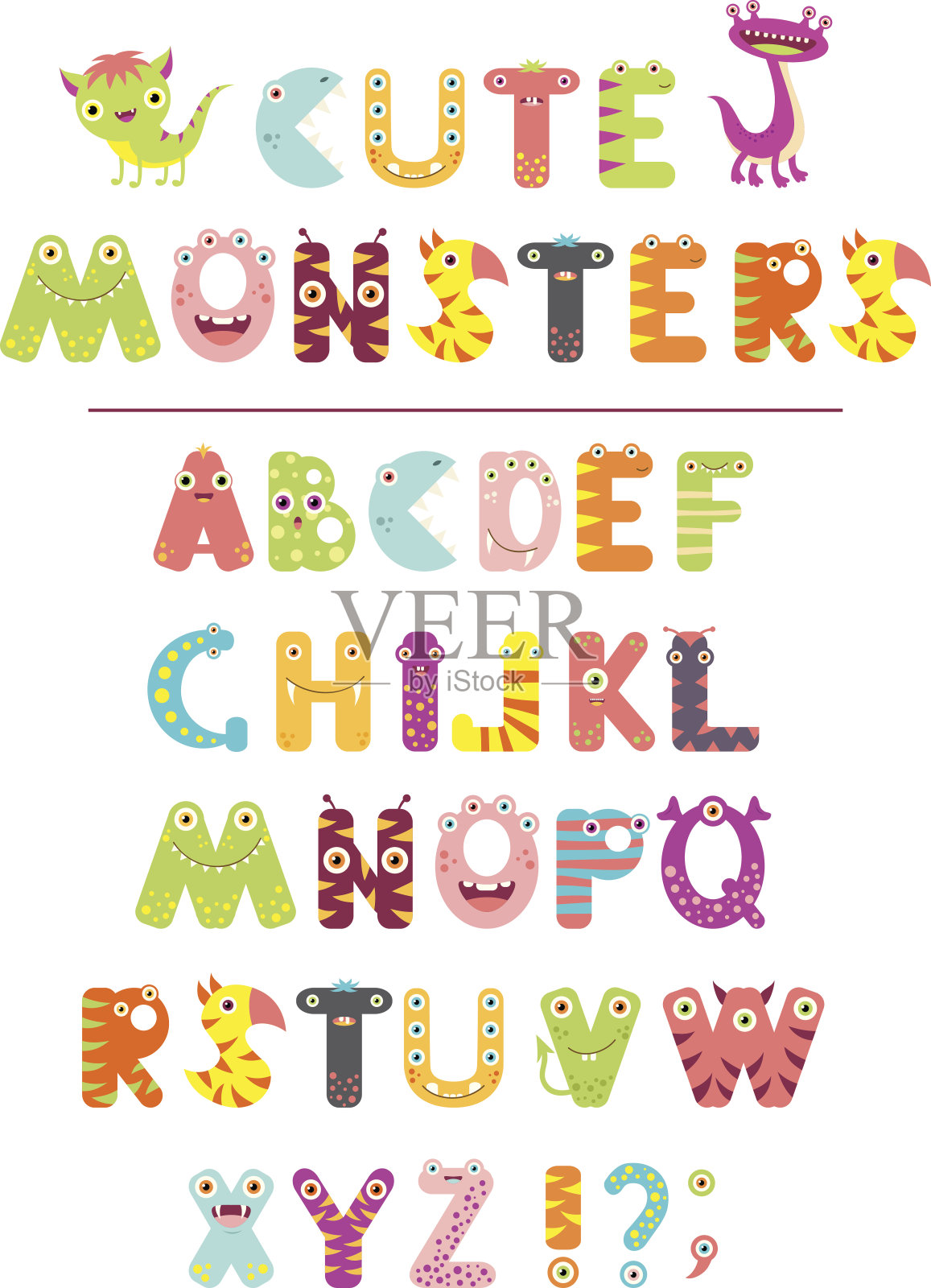 矢量字母与字母的形式可爱的卡通怪物设计元素图片